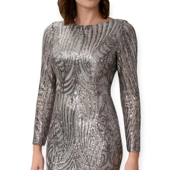 Adrianna Papell Silver Sequin Mesh Mermaid Long Sleeve Maxi Party Formal Dress 4 - Picture 5 of 17